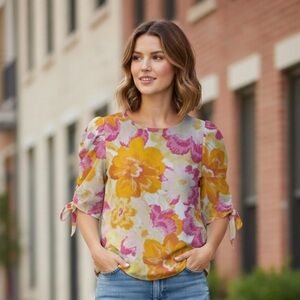 CeCe Floral Blouse - Pink, Yellow, Orange size small